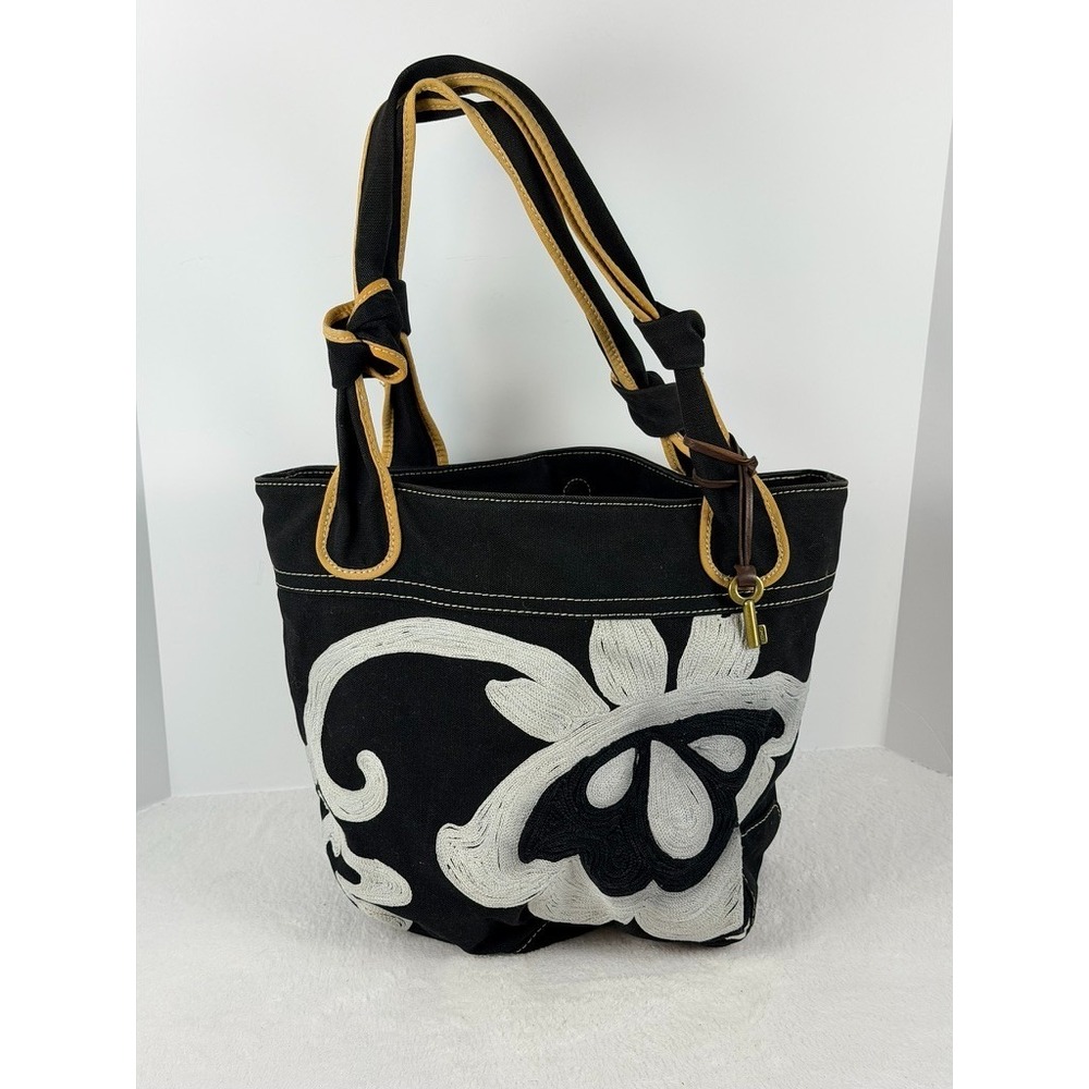 Fossil Canvas Tote HandBag Embroidered Black Dove Vintage Cottagecore Boho Purse